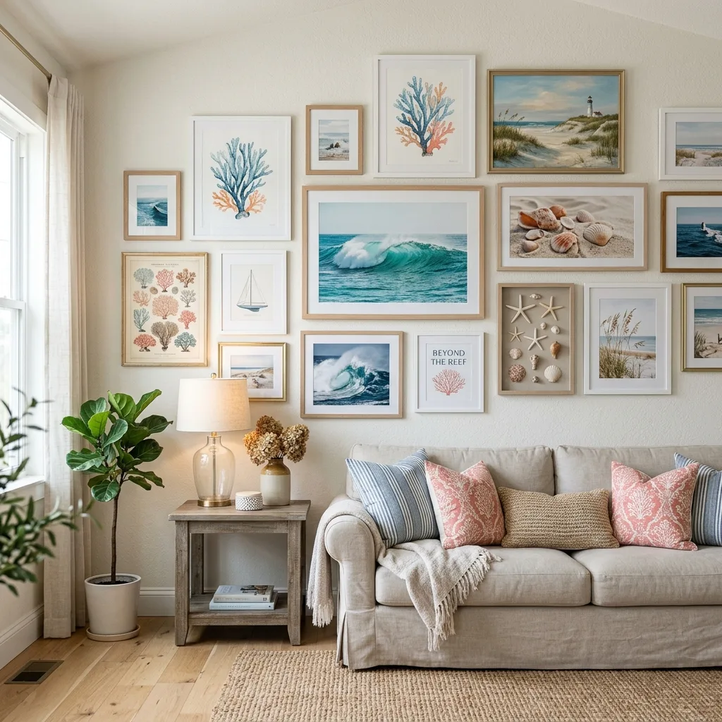 Coastal wall art gallery with beach-inspired prints